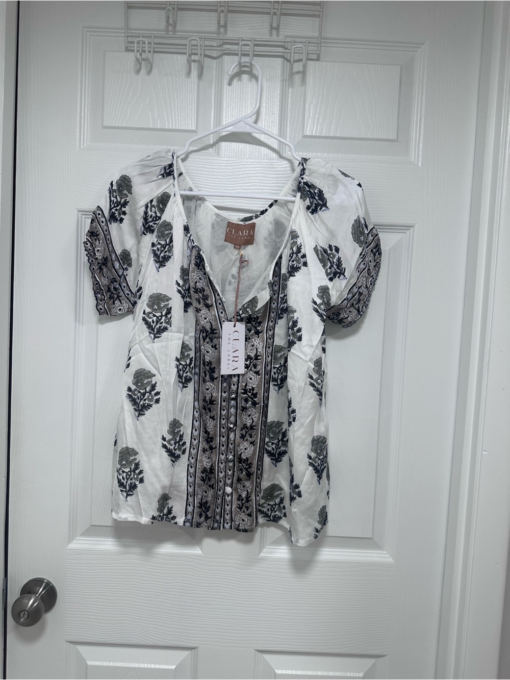 Clara The Label  White and Black Floral Peasant Top